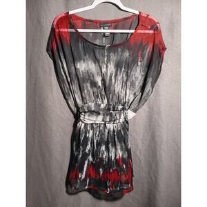 VTG Y2K Apostrophe Women’s XL Sheer Red Black Cinched Waist Tie Flowy Blouse Emo
